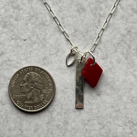 Red Hammered Bar Charm Necklace- One of a Kind