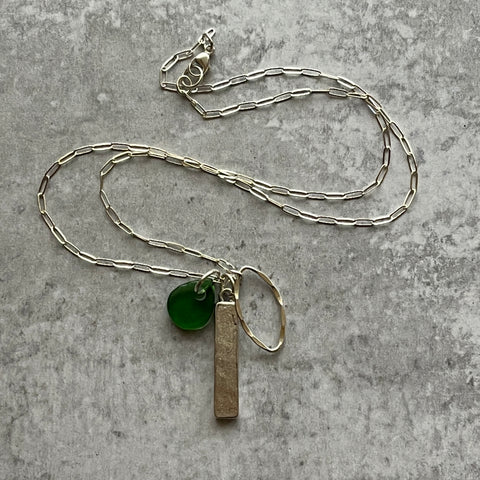 Green & Silver Diamond Bar Charm Necklace- one of a kind