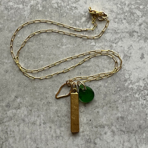 Green & Gold Diamond Bar Charm Necklace- One of a Kind