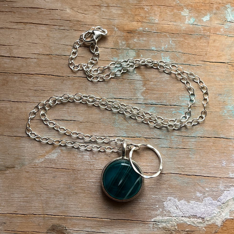 Streaky Teal Circle Charm Necklace- One of a Kind