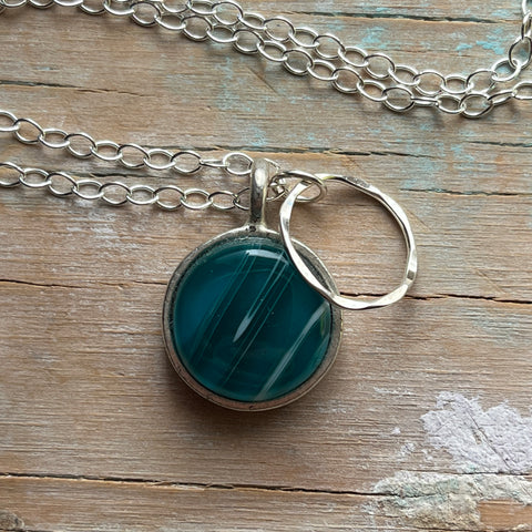 Streaky Teal Circle Charm Necklace- One of a Kind