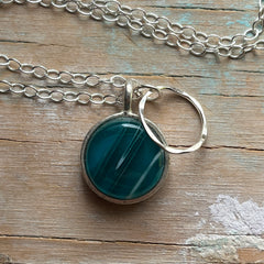 Streaky Teal Circle Charm Necklace- One of a Kind
