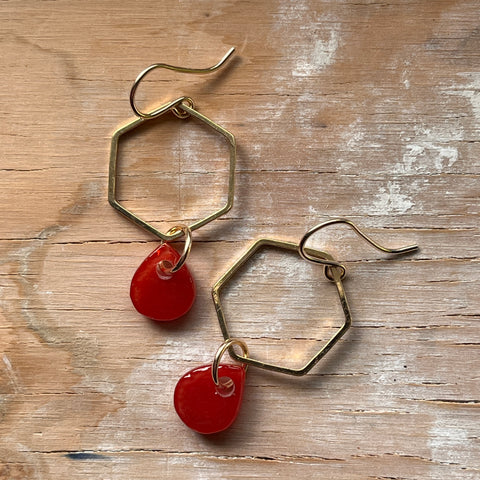 Red Hexagon Earrings- One of a Kind