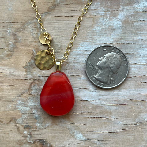 Bright Coral Gold Drop Necklace- One of a Kind