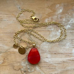 Bright Coral Gold Drop Necklace- One of a Kind