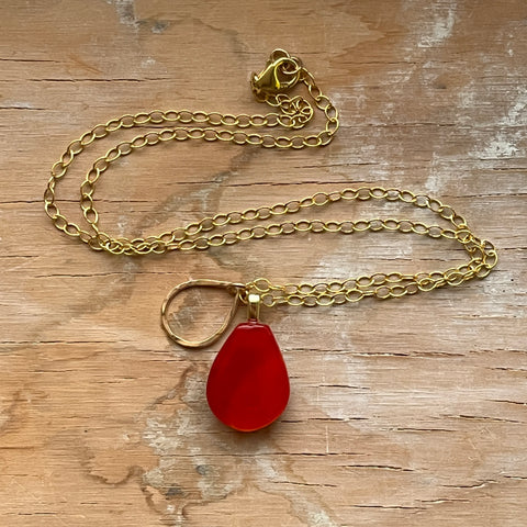 Orangey Red Silver Drop Necklace- One of a Kind