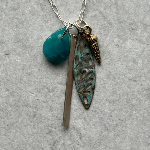 Teal Mix Metal Charm Necklace- One of a Kind