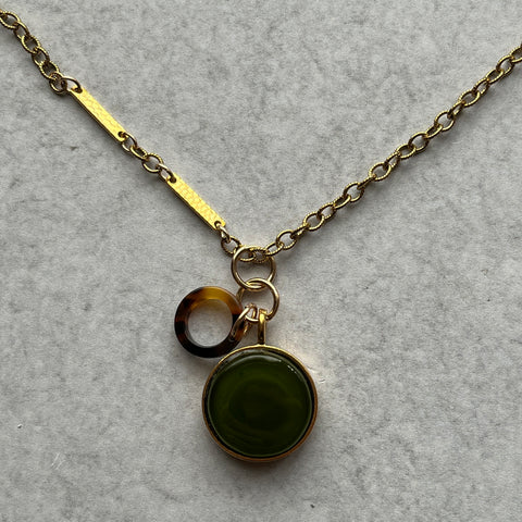 Army Green & Tortoise Shell Necklace- One of a Kind