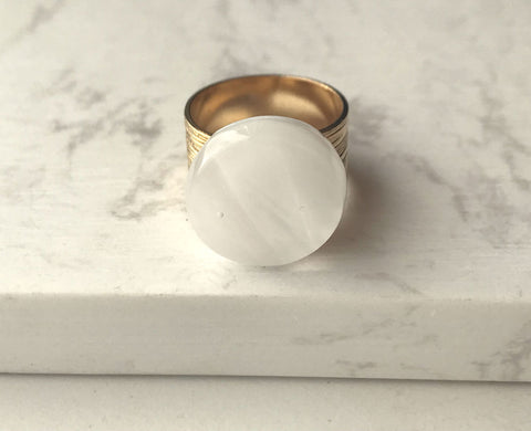 Swirly White Circle Ring- adjustable in silver & gold